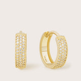 14K Gold Pave Triple Row Diamond Huggie Hoops